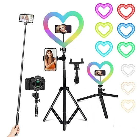 10 Inch RGB Heart LED Selfie Ring Light Dimmable Vedio Ring Lamp Photo Photographic Lighting Tripod for Phone Makeup Live Volg