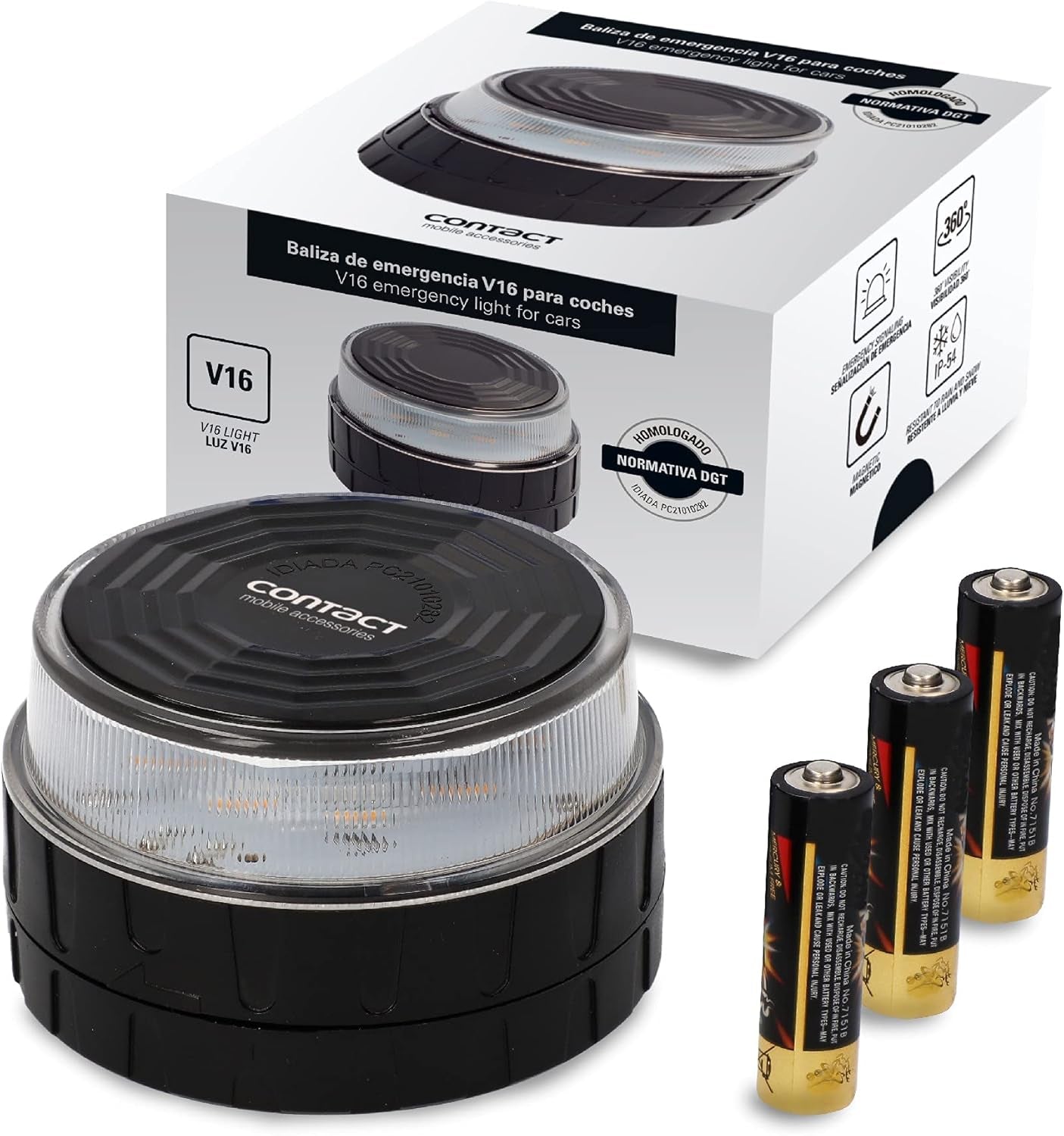 CONTACT Luz De Emergencia V16 Para Coche Y Moto Homologada Por DGT. Baliza De Señalización Luminosa Autónoma En Carretera. Reemplaza a Triángulos De Emergencia. Modelo LCFL02.
