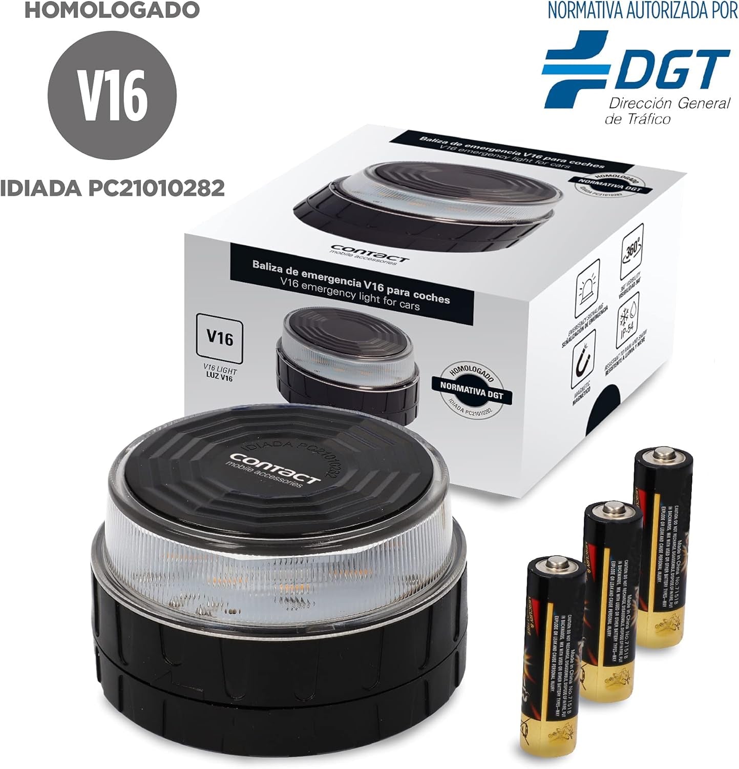 CONTACT Luz De Emergencia V16 Para Coche Y Moto Homologada Por DGT. Baliza De Señalización Luminosa Autónoma En Carretera. Reemplaza a Triángulos De Emergencia. Modelo LCFL02.