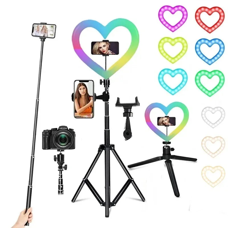 10 Inch RGB Heart LED Selfie Ring Light Dimmable Vedio Ring Lamp Photo Photographic Lighting Tripod for Phone Makeup Live Volg