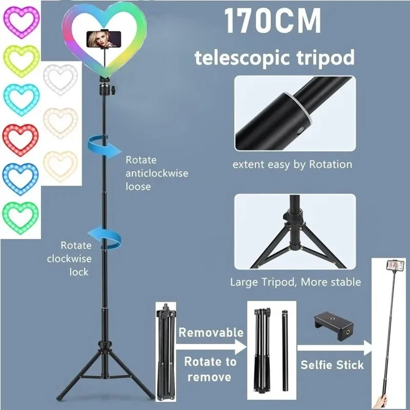 10 Inch RGB Heart LED Selfie Ring Light Dimmable Vedio Ring Lamp Photo Photographic Lighting Tripod for Phone Makeup Live Volg