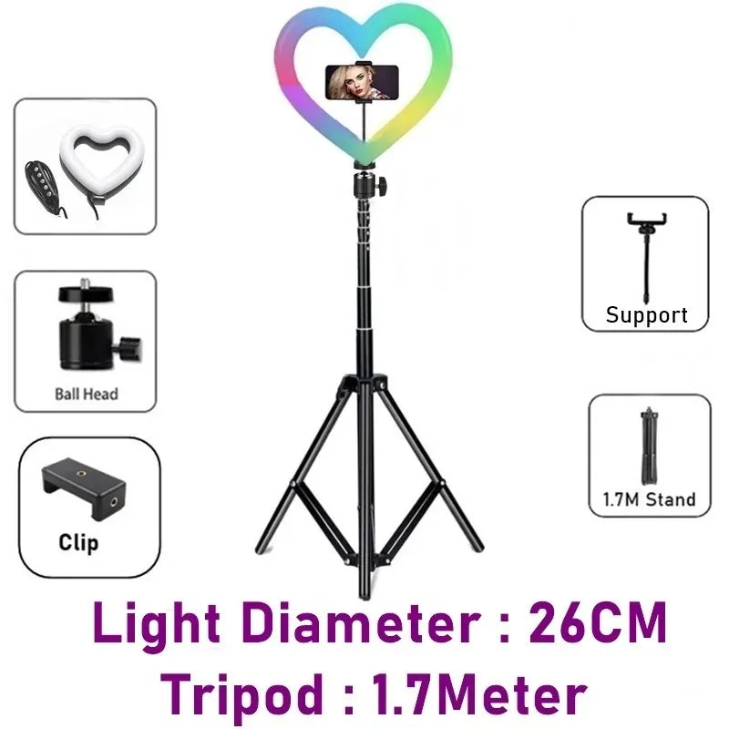 10 Inch RGB Heart LED Selfie Ring Light Dimmable Vedio Ring Lamp Photo Photographic Lighting Tripod for Phone Makeup Live Volg