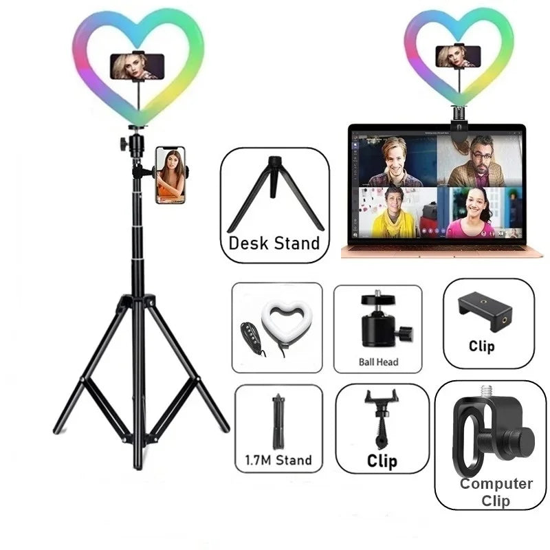 10 Inch RGB Heart LED Selfie Ring Light Dimmable Vedio Ring Lamp Photo Photographic Lighting Tripod for Phone Makeup Live Volg