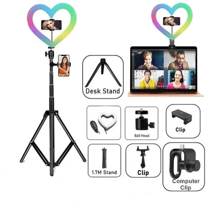 10 Inch RGB Heart LED Selfie Ring Light Dimmable Vedio Ring Lamp Photo Photographic Lighting Tripod for Phone Makeup Live Volg