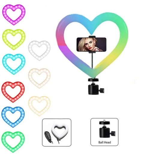 10 Inch RGB Heart LED Selfie Ring Light Dimmable Vedio Ring Lamp Photo Photographic Lighting Tripod for Phone Makeup Live Volg