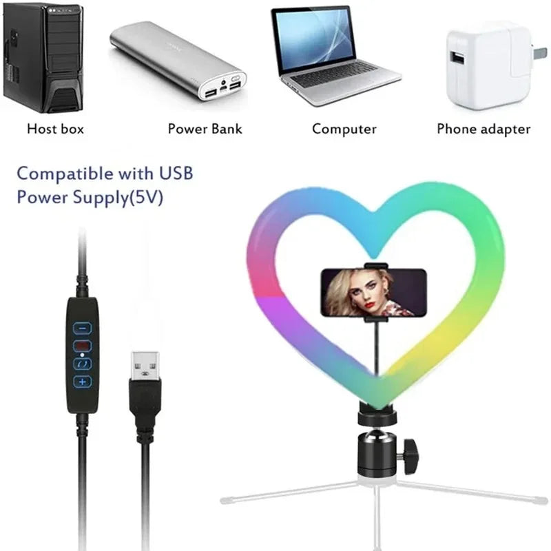 10 Inch RGB Heart LED Selfie Ring Light Dimmable Vedio Ring Lamp Photo Photographic Lighting Tripod for Phone Makeup Live Volg