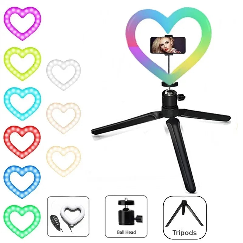 10 Inch RGB Heart LED Selfie Ring Light Dimmable Vedio Ring Lamp Photo Photographic Lighting Tripod for Phone Makeup Live Volg