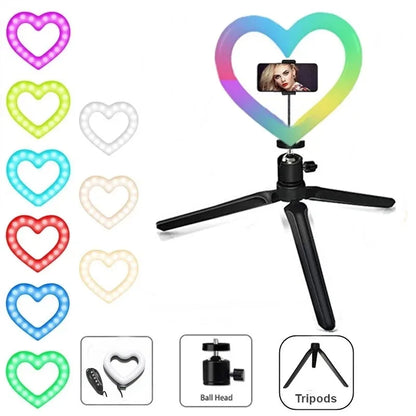 10 Inch RGB Heart LED Selfie Ring Light Dimmable Vedio Ring Lamp Photo Photographic Lighting Tripod for Phone Makeup Live Volg