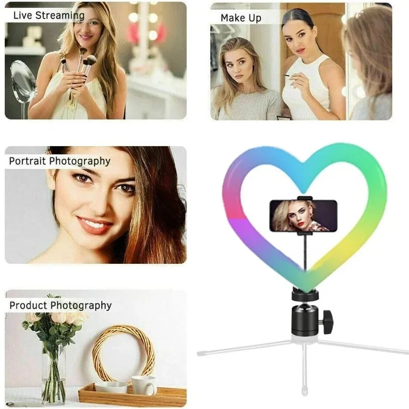 10 Inch RGB Heart LED Selfie Ring Light Dimmable Vedio Ring Lamp Photo Photographic Lighting Tripod for Phone Makeup Live Volg